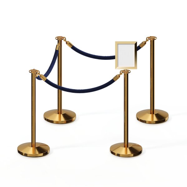 Montour Line Stanchion Post & Rope Kit PolBrass 4FlatTop 3Dk Blue Rope 8.5x11V Sign C-Kit-3-PB-FL-1-Tapped-1-8511-V-3-PVR-DB-PB